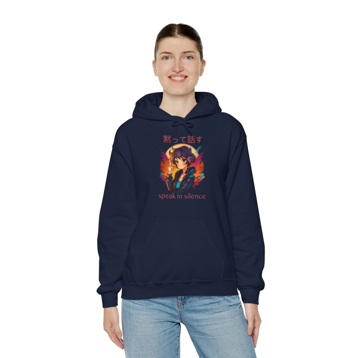 Anime Girl with 'SPEAK IN SILENCE' Japanese & English Text Hoodie (CA)