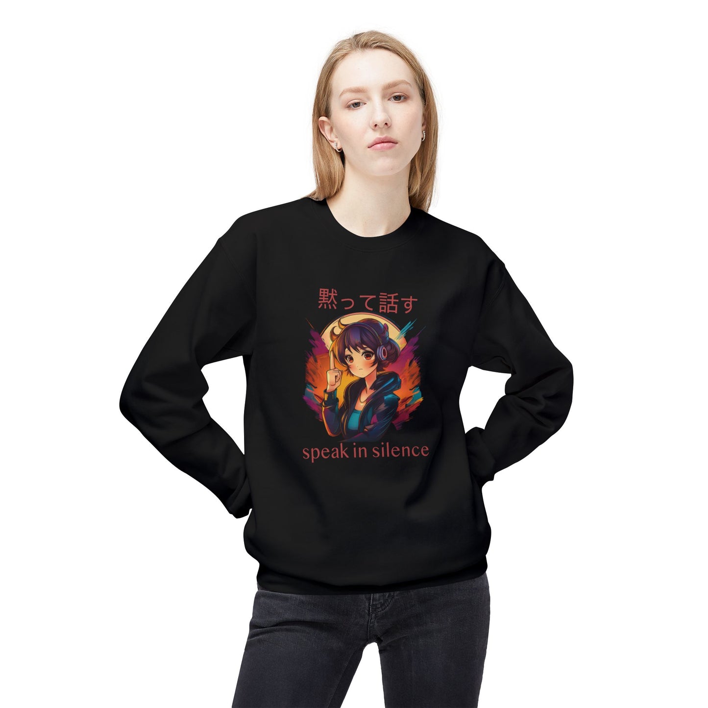 Anime Girl with 'SPEAK IN SILENCE' Japanese & English Text Sweatshirt (unisex)