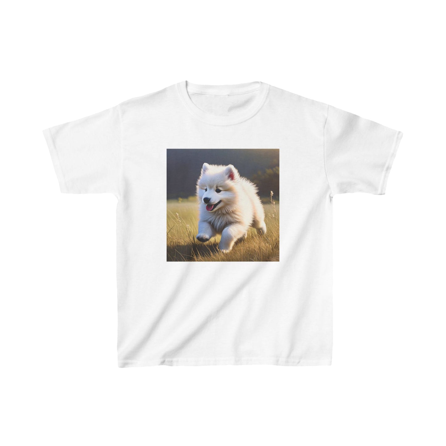 Kids Tee - Cute Samoyed Puppy Running on the Field