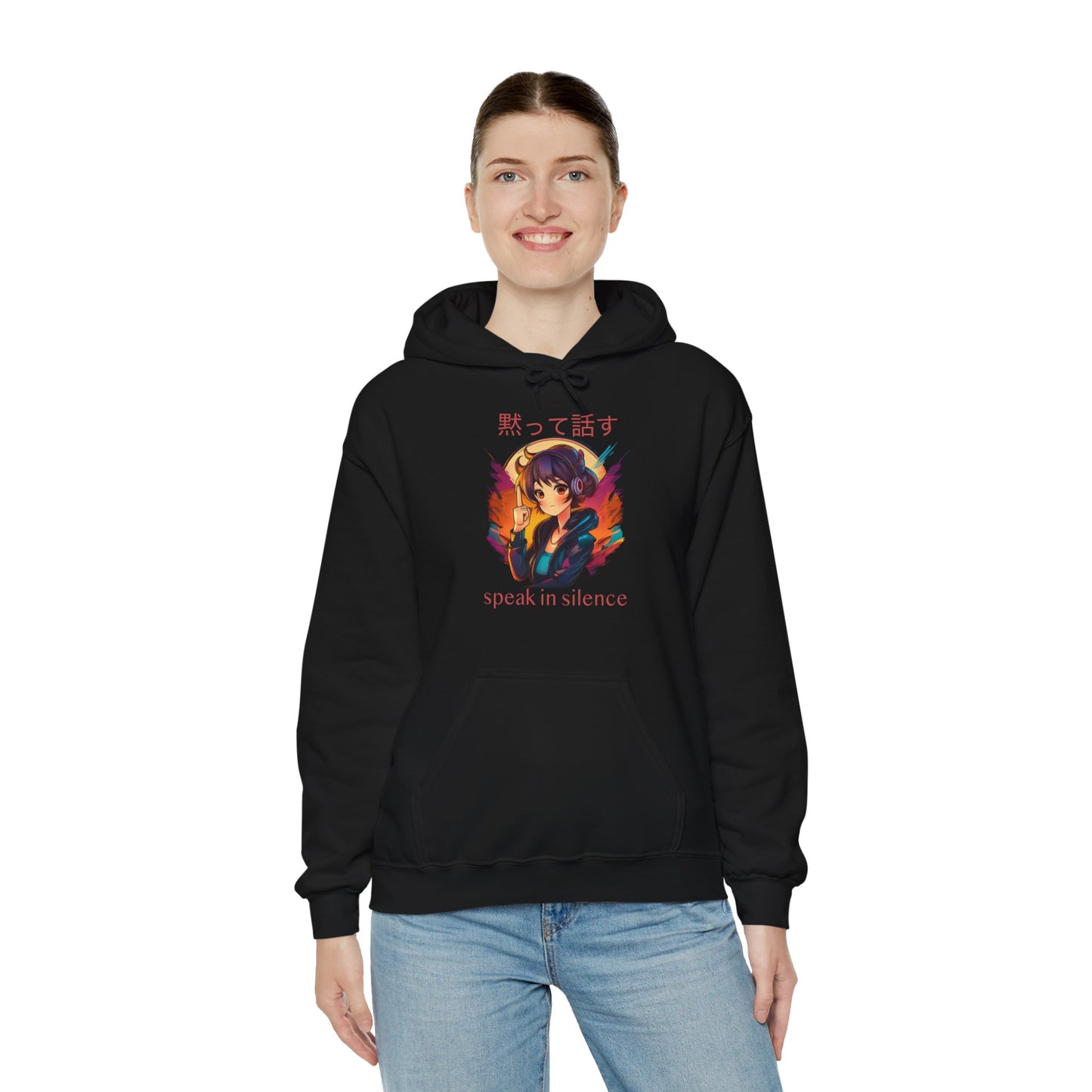 Anime Girl with 'SPEAK IN SILENCE' Japanese & English Text Hoodie (CA)