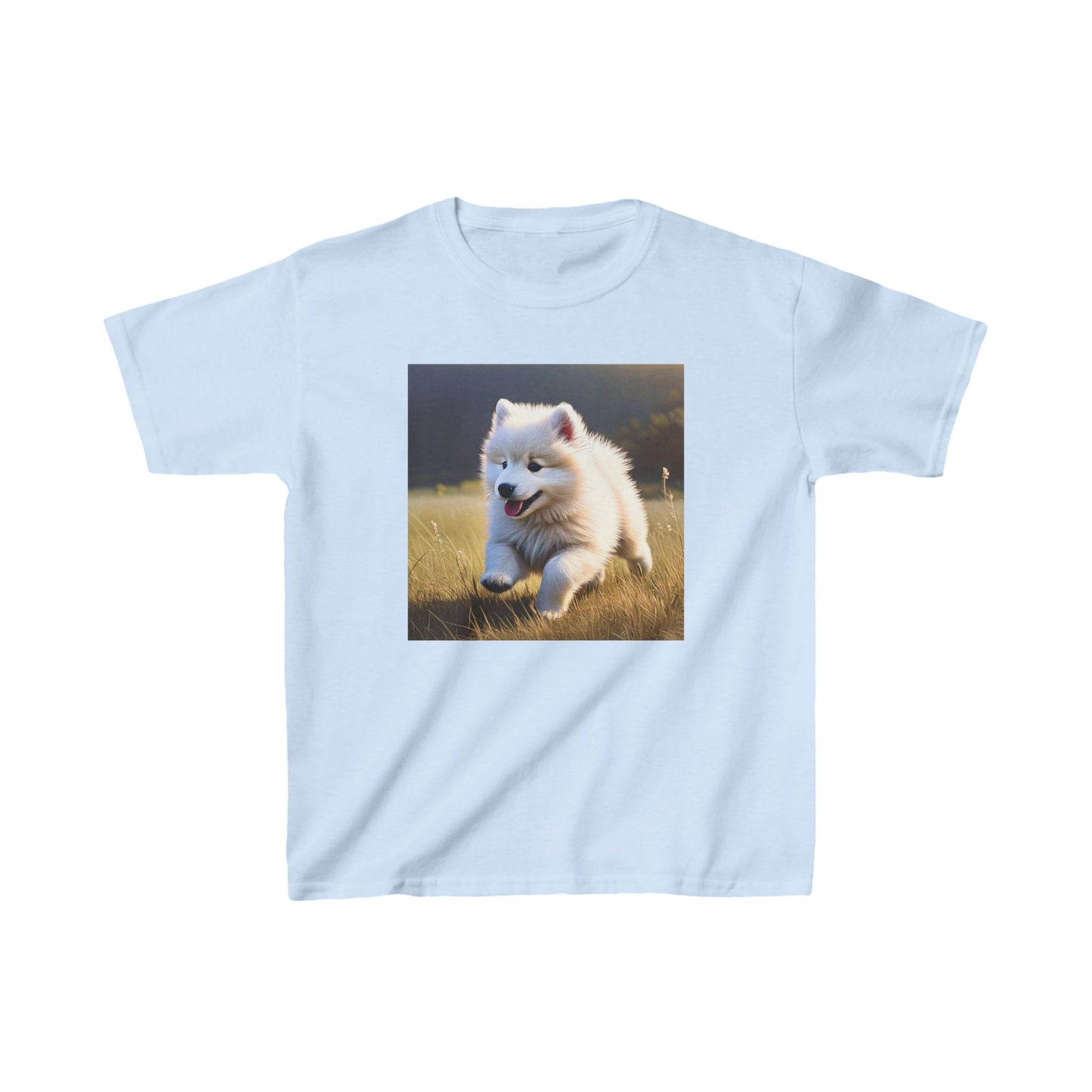 Kids Tee - Cute Samoyed Puppy Running on the Field