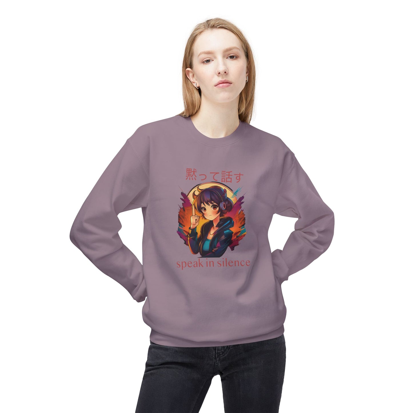 Anime Girl with 'SPEAK IN SILENCE' Japanese & English Text Sweatshirt (unisex)