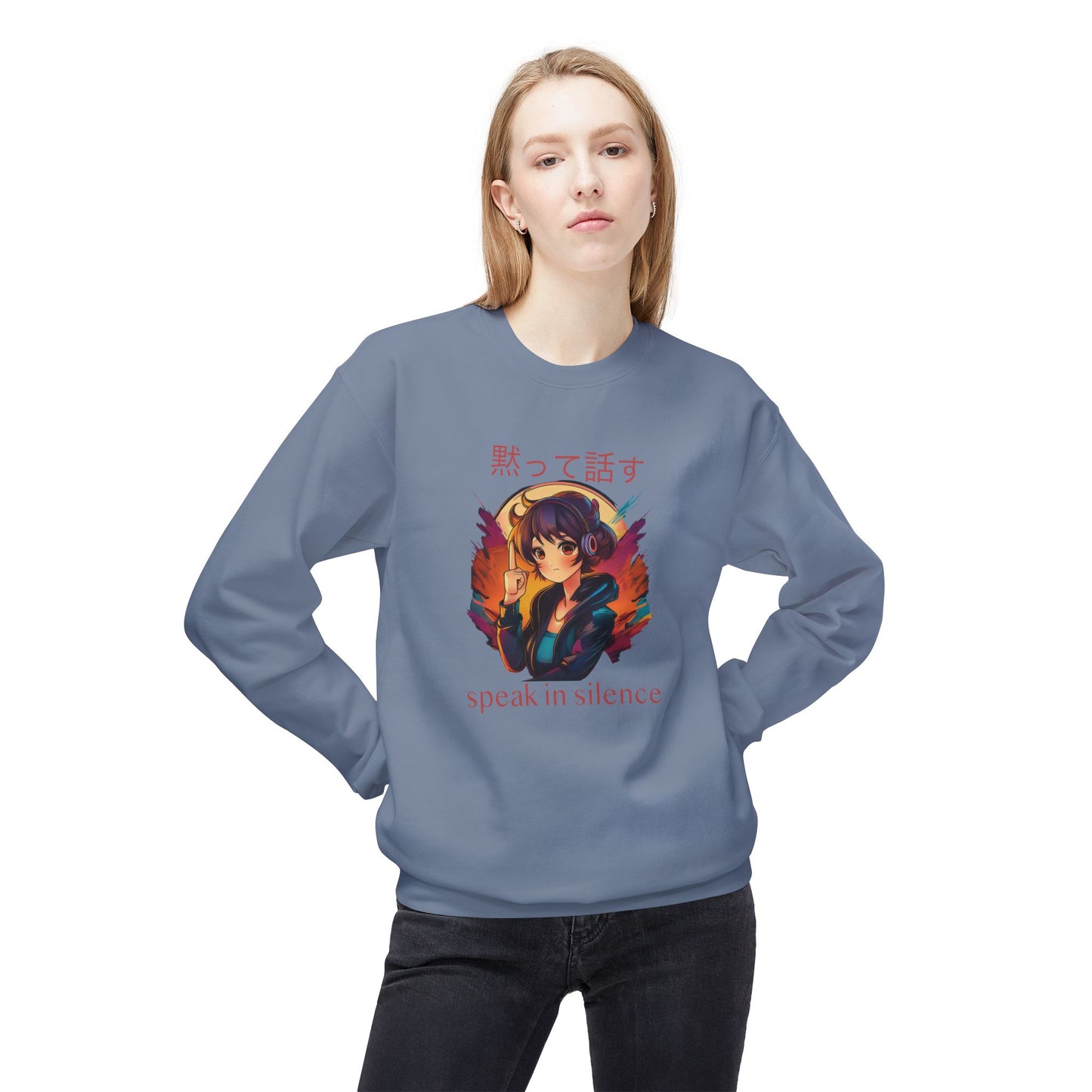 Anime Girl with 'SPEAK IN SILENCE' Japanese & English Text Sweatshirt (unisex)