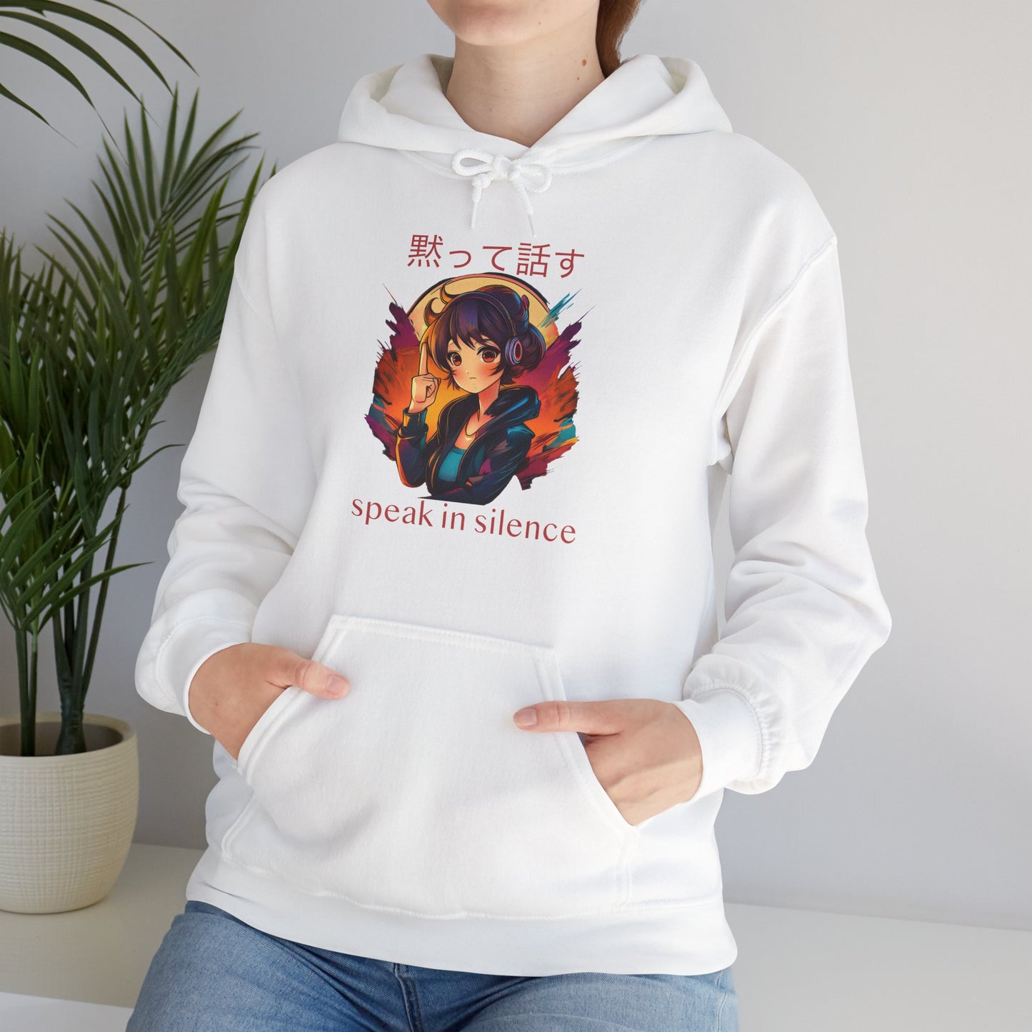 Anime Girl with 'SPEAK IN SILENCE' Japanese & English Text Hoodie (CA)
