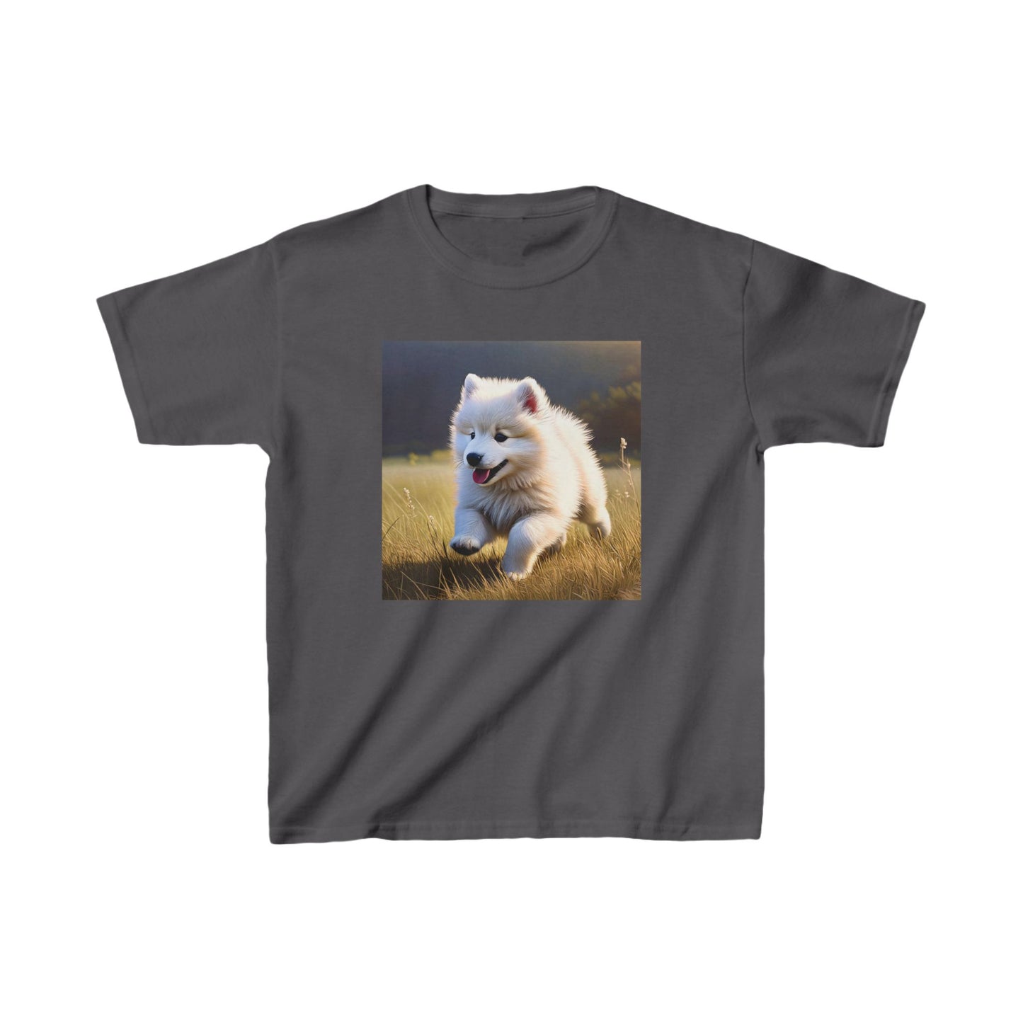 Kids Tee - Cute Samoyed Puppy Running on the Field