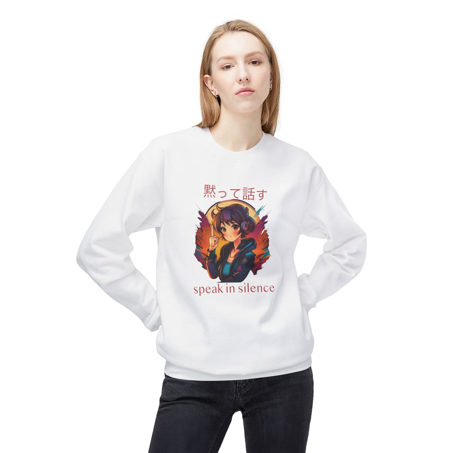 Anime Girl with 'SPEAK IN SILENCE' Japanese & English Text Sweatshirt (unisex)