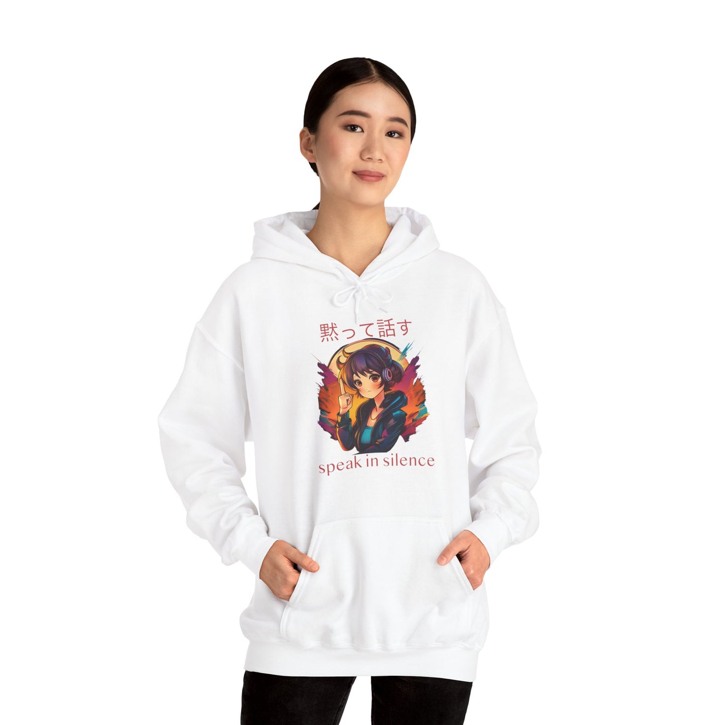 Anime Girl with 'SPEAK IN SILENCE' Japanese & English Text Hoodie (CA)