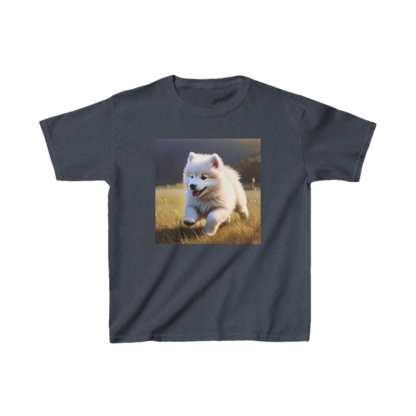 Kids Tee - Cute Samoyed Puppy Running on the Field